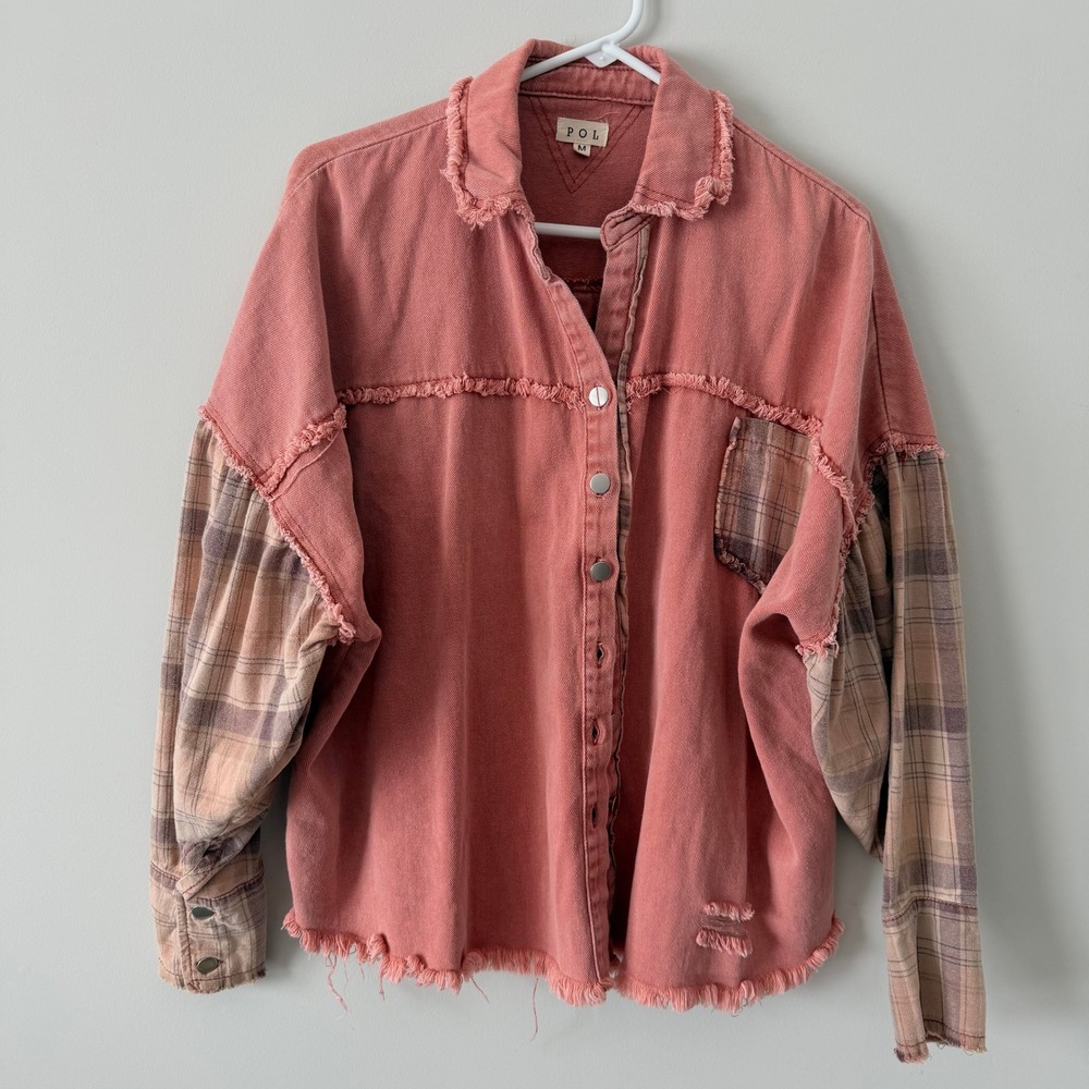 POL Pink Distressed Denim Plaid Patchwork Shirt Jacket Women's M